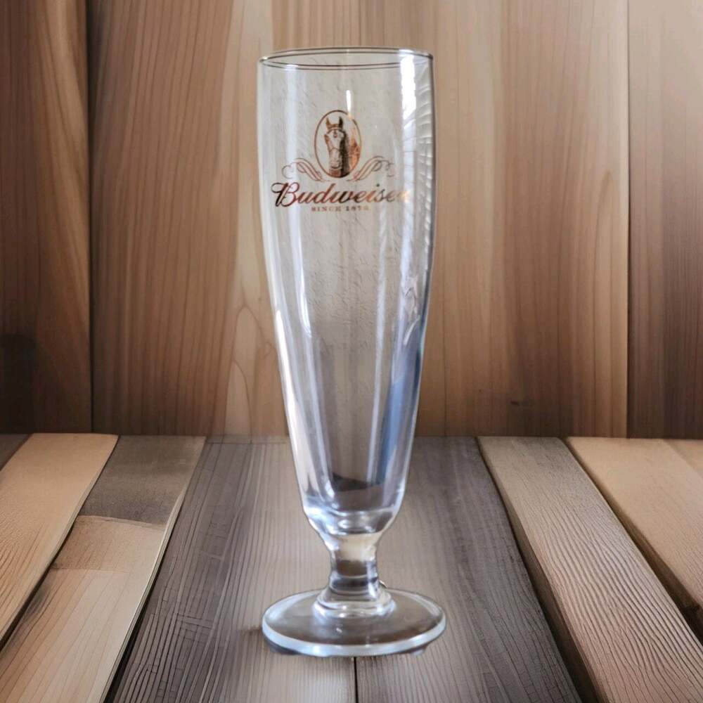 Vintage BUDWEISER Glass Footed Pilsner Beer Glass Gold Horse Logo Tall